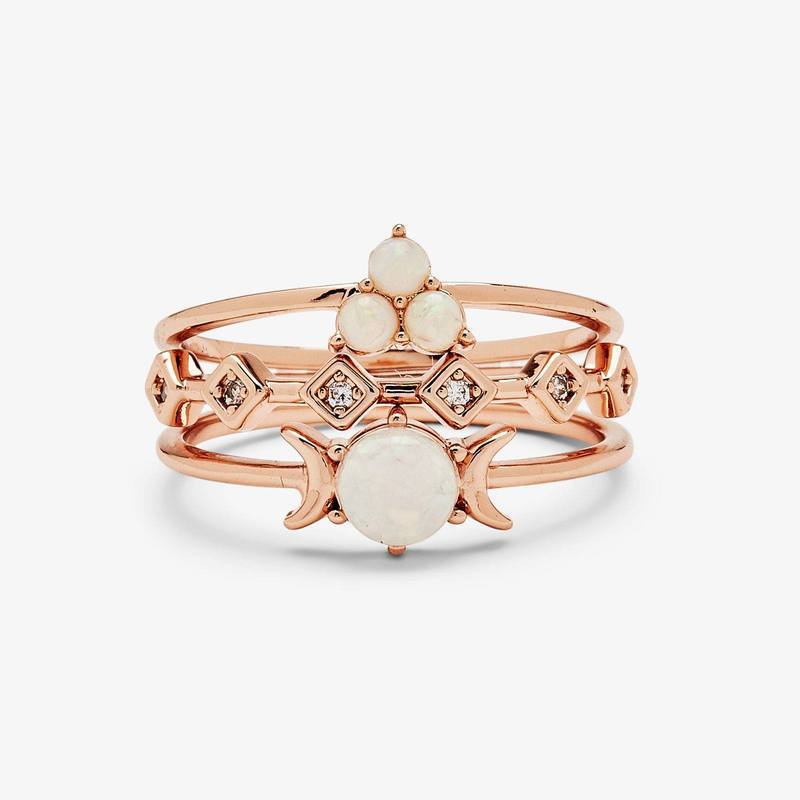 Conjunto de tres piezas de ópalo de luna simple Conjunto de anillos combinados Mujer