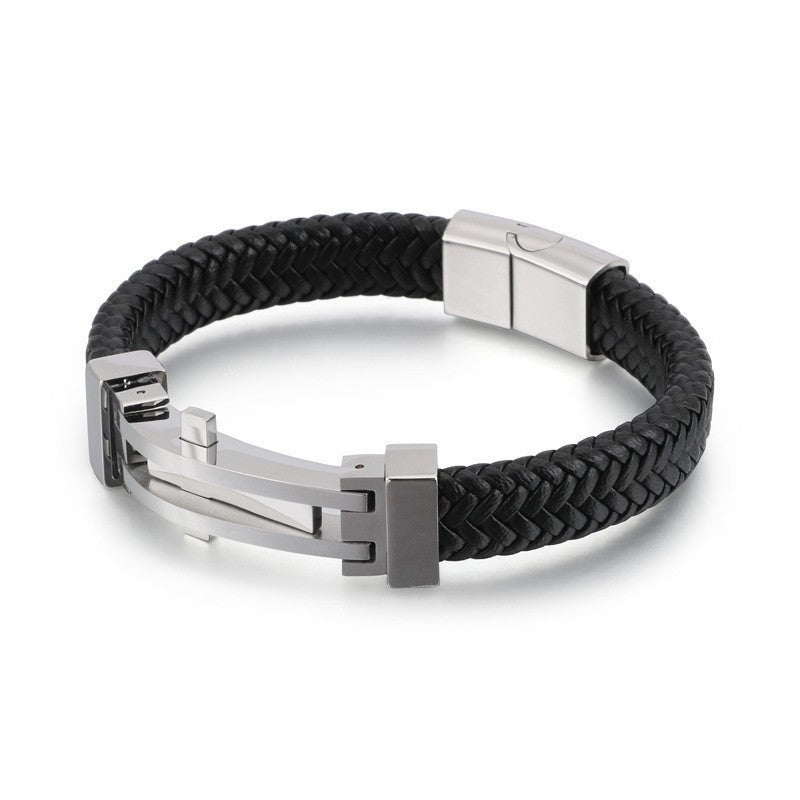 Bracelet en cuir géométrique en acier inoxydable pour hommes, personnalité de la mode