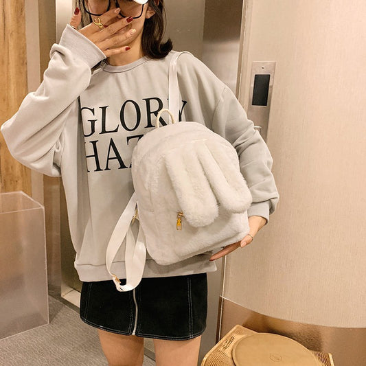 Sac à dos en peluche avec oreilles de lapin mignonnes pour femmes