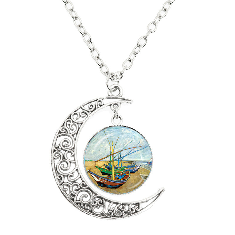 Van Gogh Starry Night Painting Moon Necklace Glass Round