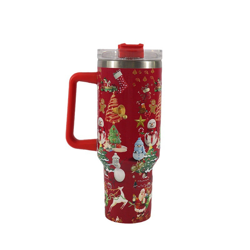Tasse à motif de noël avec couvercle et poignée, verres en paille, gobelet sous vide en acier inoxydable, grande capacité, tasse à café de voyage en voiture, nouvelle collection