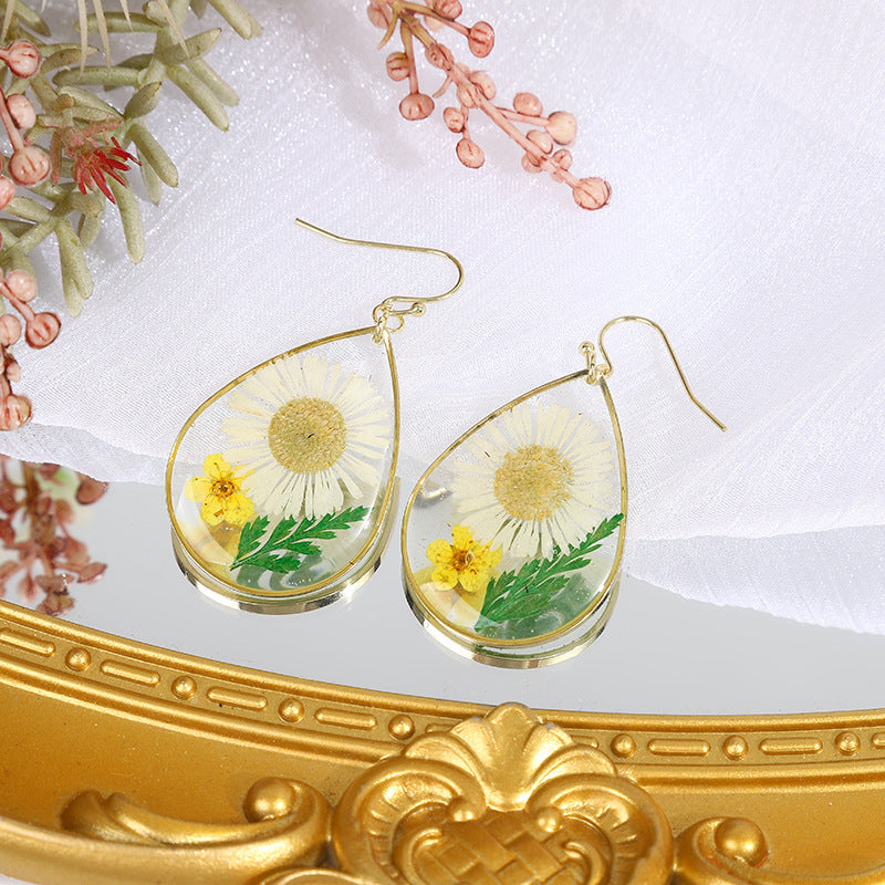 Boucles d'oreilles chrysanthème aiguille goutte d'eau époxy géométrique Simple