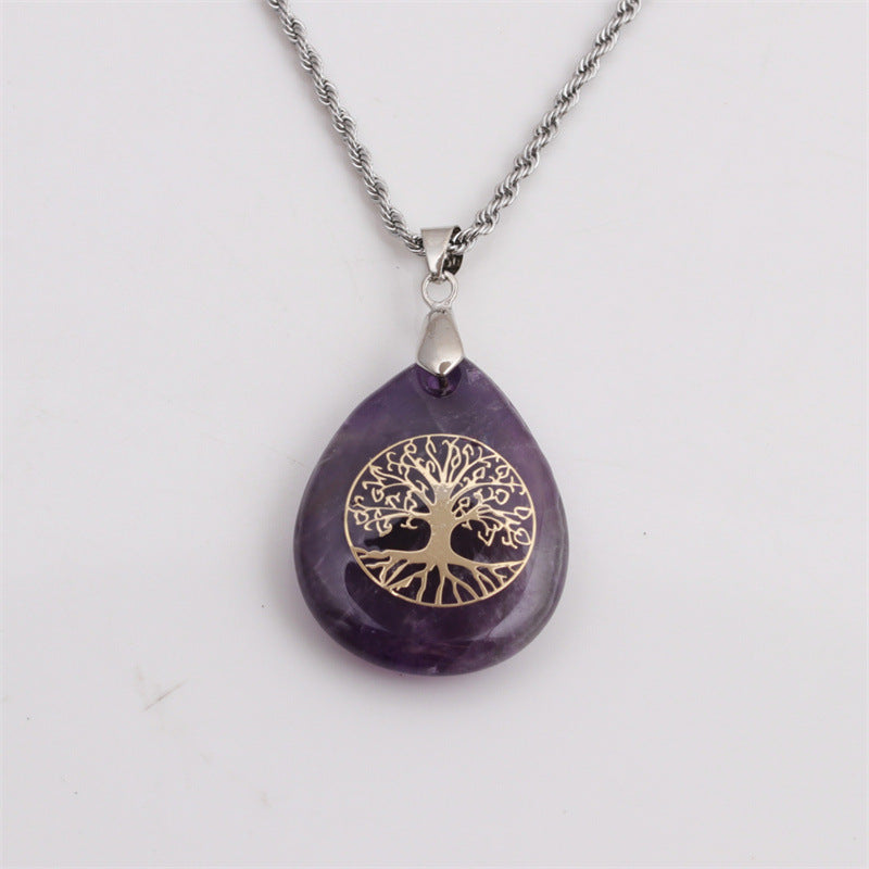 Crystal Water Drop Pendant Crafts Carved Lucky Tree Necklace