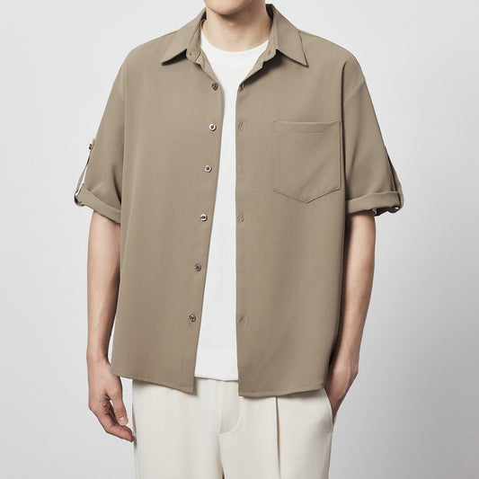 Minimalist Basic Solid Color Short Sleeve Shirt Loose Twill