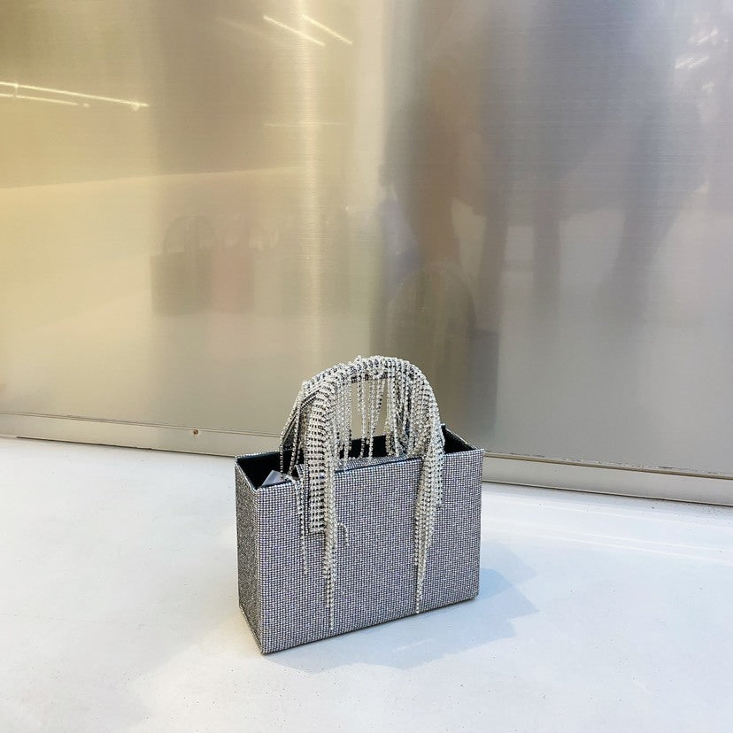 Bolso cuadrado pequeño con cadena de borlas de diamantes de imitación rojos de National Network, portátil de moda