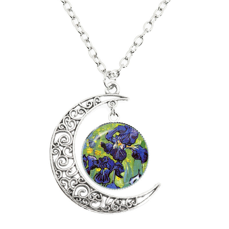 Van Gogh Starry Night Painting Moon Necklace Glass Round
