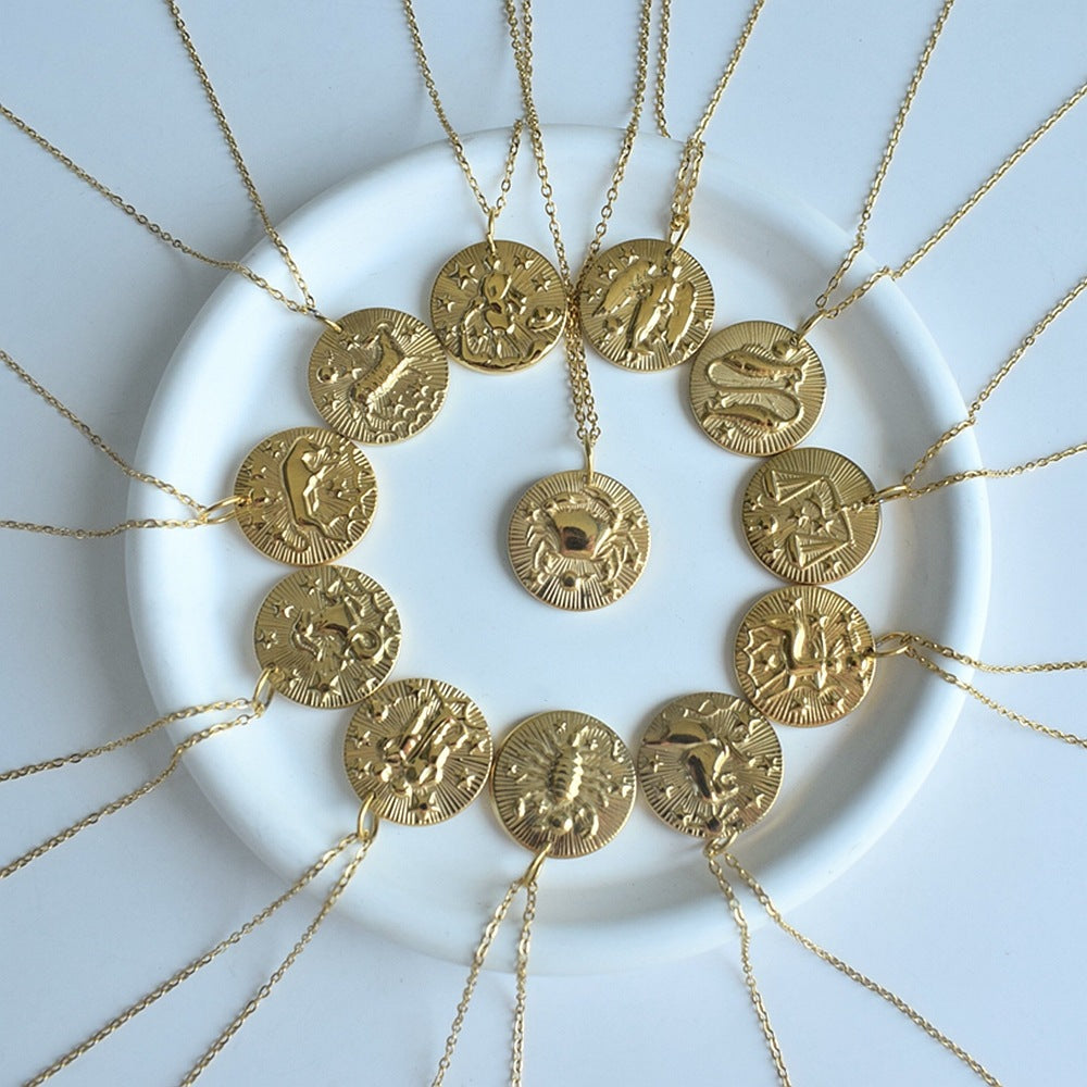 Collier de pièces de monnaie à douze constellations en relief de niche européenne et américaine