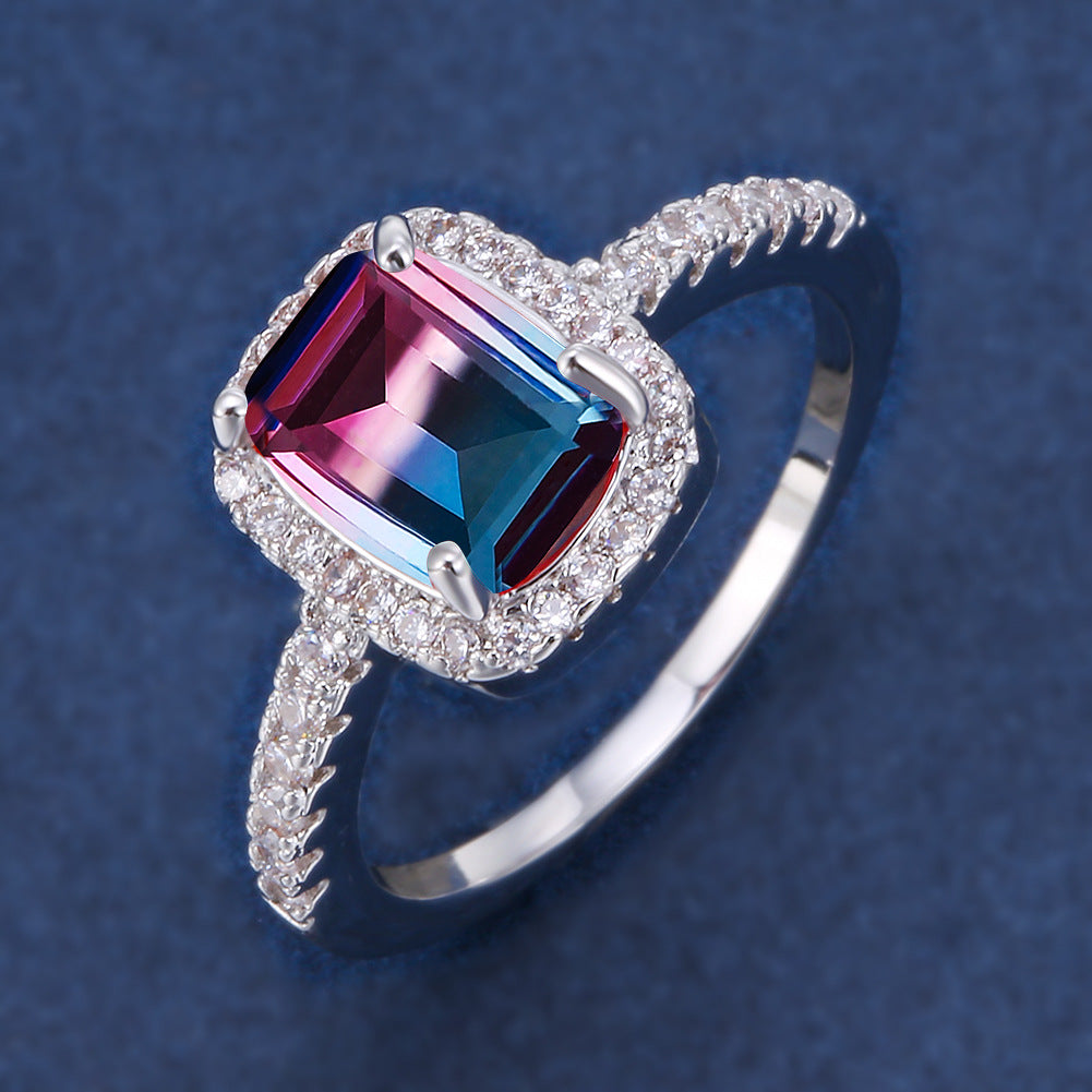 Anillo de ópalo de diamante rosa multicolor europeo y americano circonita con incrustaciones de moda Simple