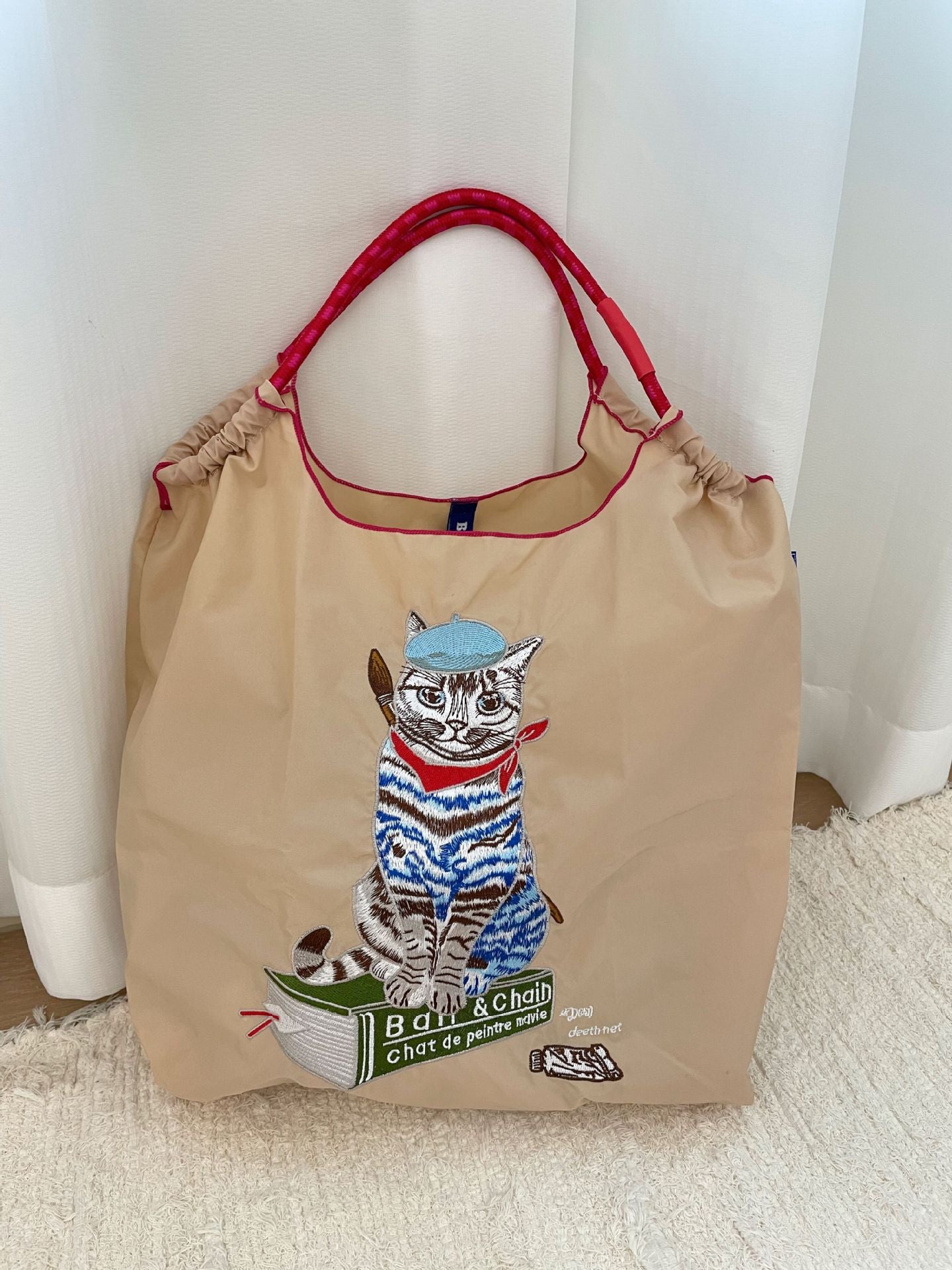 Bolsa de compras con bordado de gato de pintor japonés