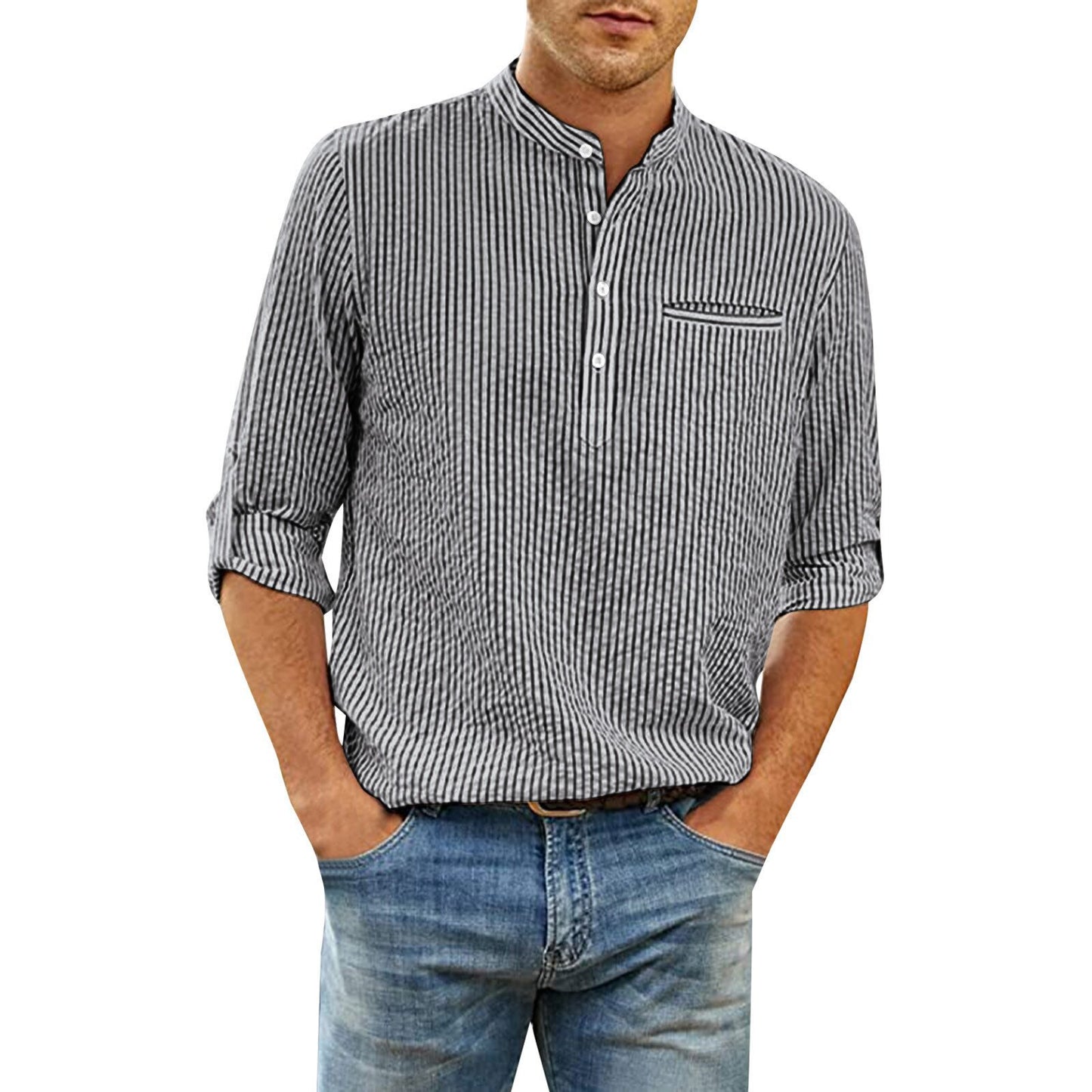 Cotton And Linen Men's Shirt Stand Collar