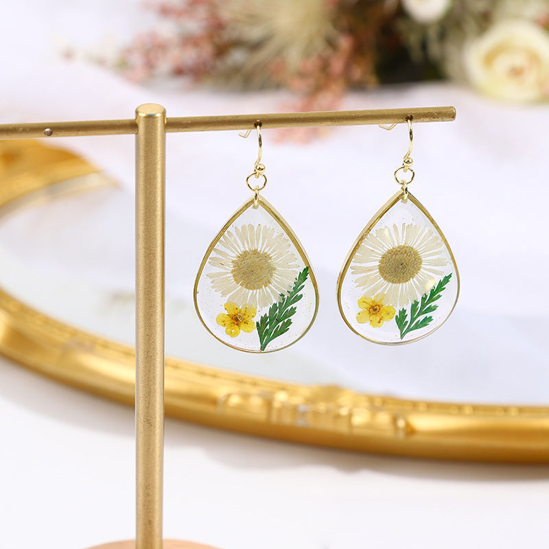 Boucles d'oreilles chrysanthème aiguille goutte d'eau époxy géométrique Simple