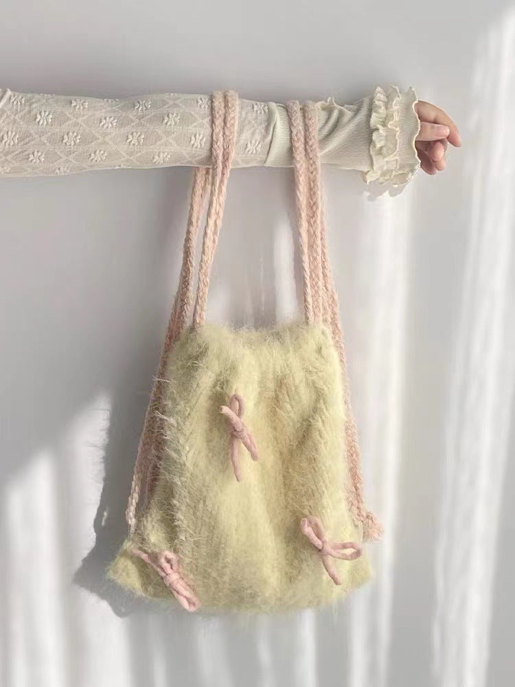 Sac à dos avec cordon de serrage, sac en tissu à fourrure avec nœud papillon, jaune tendre pour dames