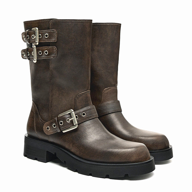 Botas Martin con tacón grueso y parte inferior gruesa, botas de moto con hebilla