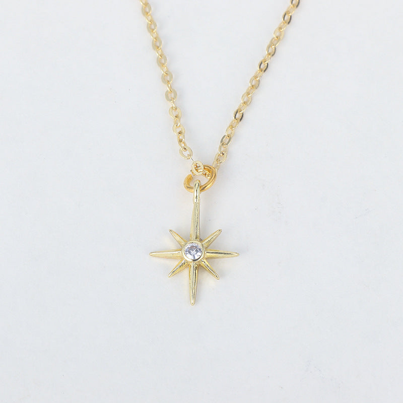 Women's Personalized Copper-plated Gold Inlaid Zircon Eight Awn Star Pendant Necklace