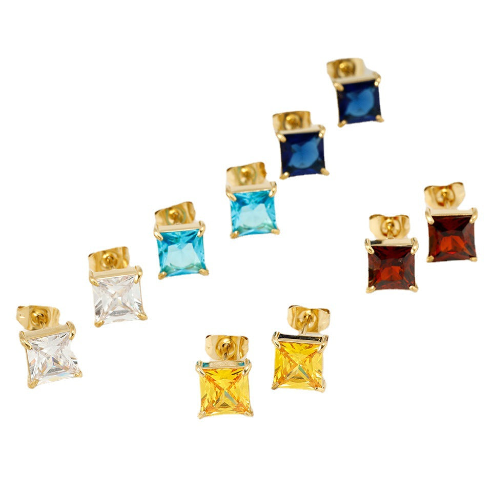 New Simple Titanium Steel 14K Gold Four Claw Inlaid Stone Square Diamond Small Ear Studs