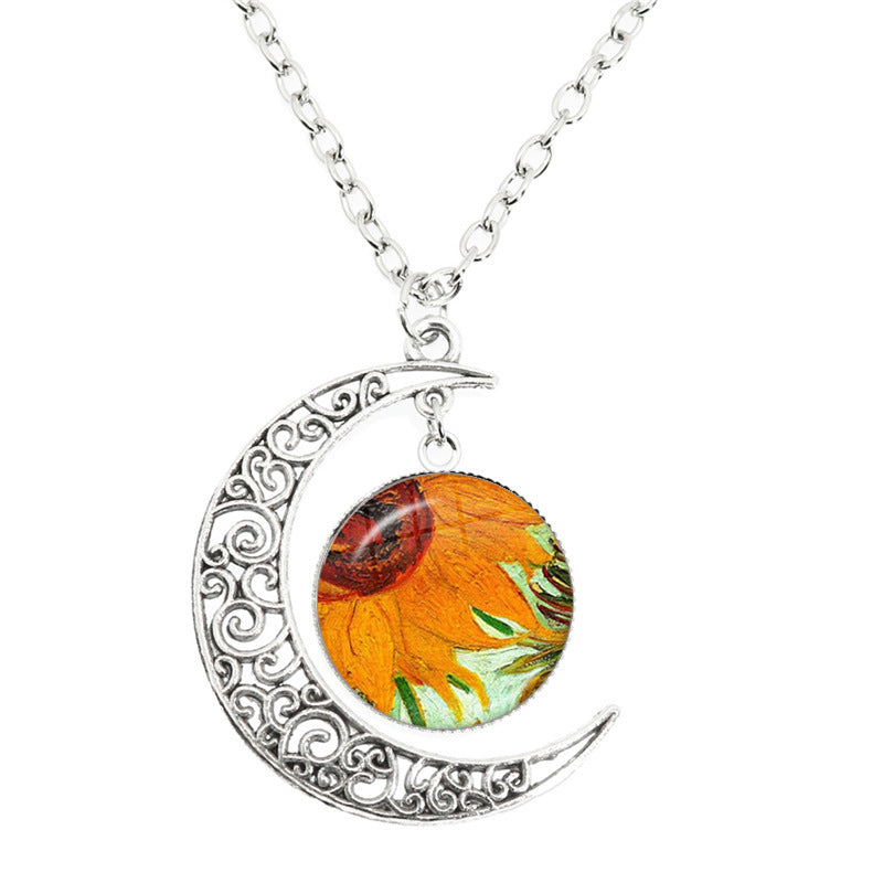 Van Gogh Starry Night Painting Moon Necklace Glass Round