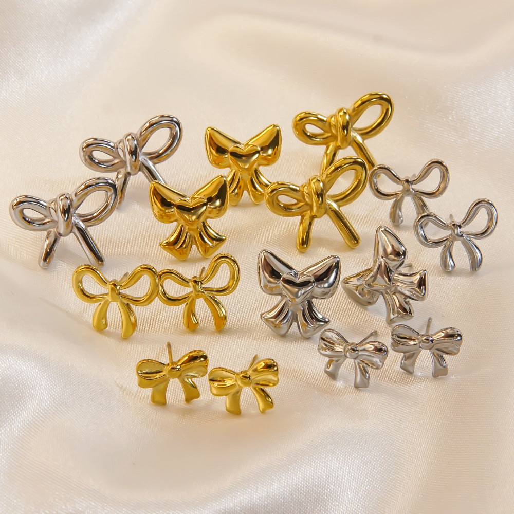 Bow Stainless Steel 14K Gold Earrings Necklace