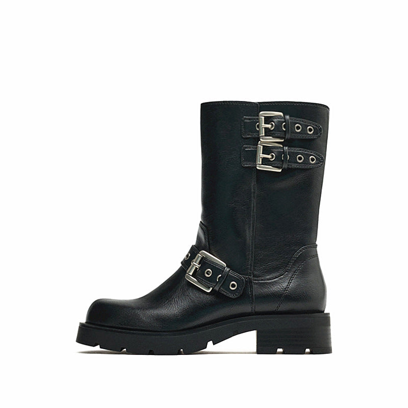 Botas Martin con tacón grueso y parte inferior gruesa, botas de moto con hebilla