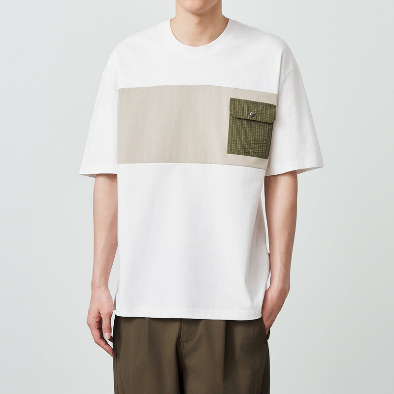 Combed Cotton Short-sleeved T-shirt Color Contrast Patchwork