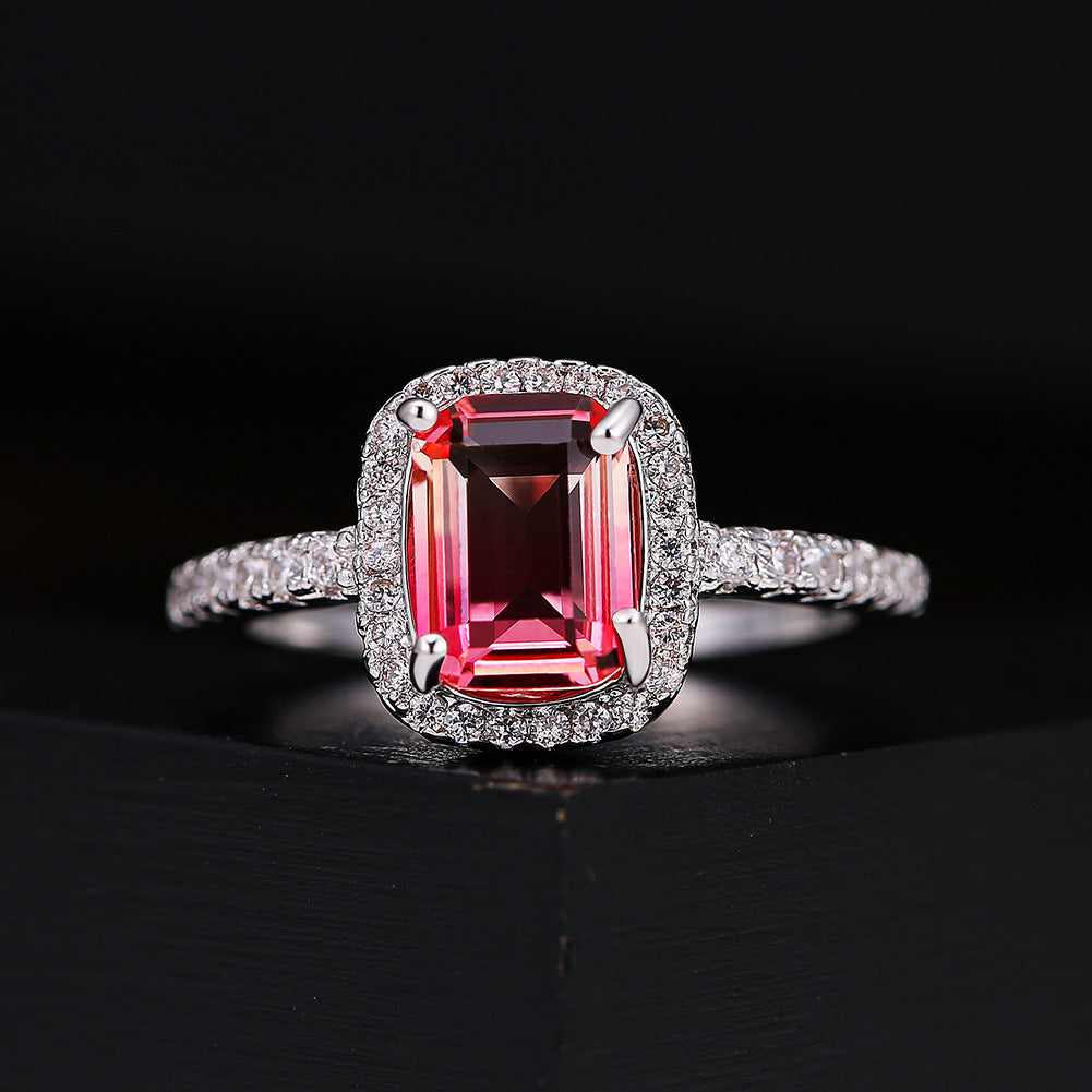 Anillo de ópalo de diamante rosa multicolor europeo y americano circonita con incrustaciones de moda Simple
