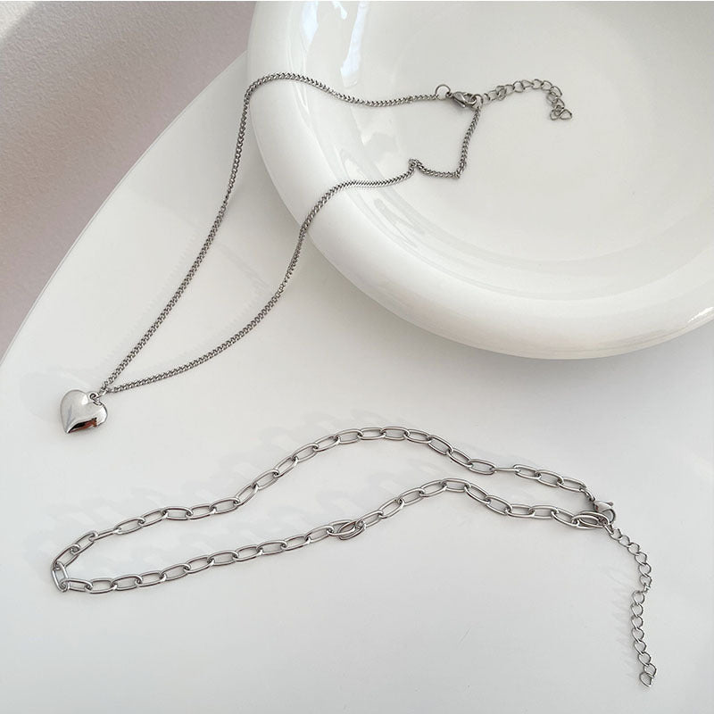 Collier simple en acier titane, double couche, double amour, style Ins