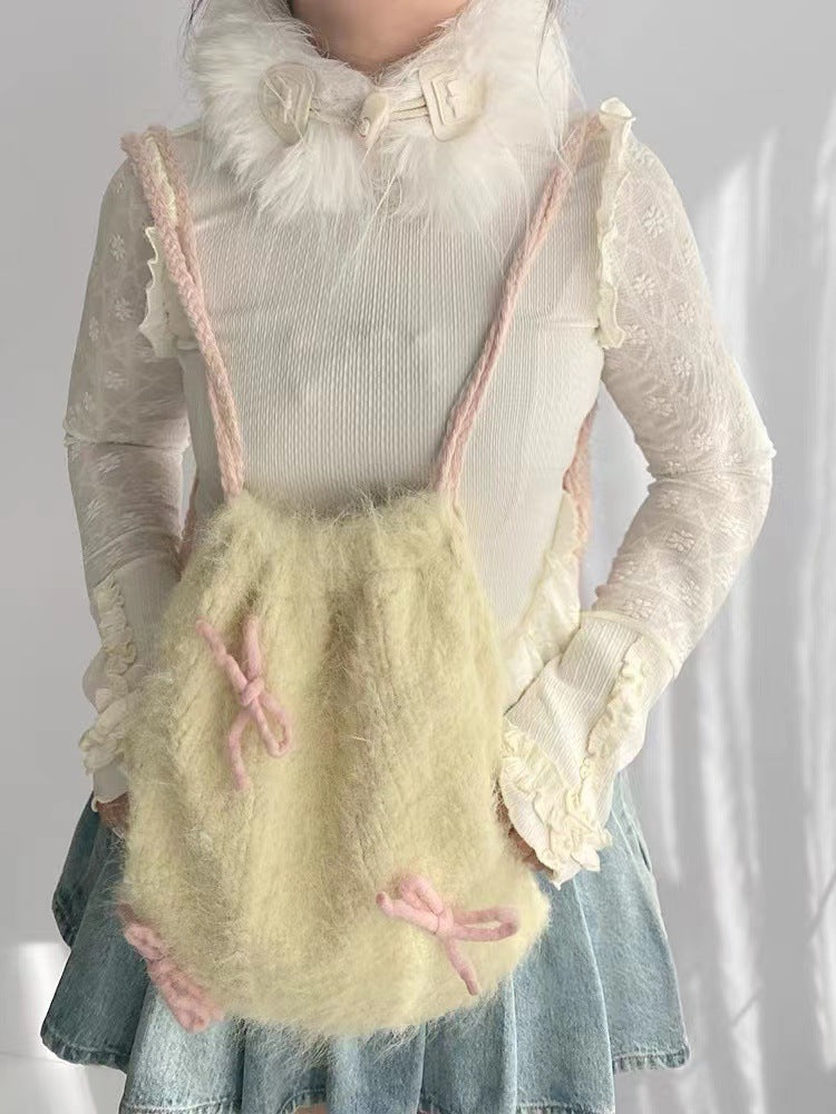 Sac à dos avec cordon de serrage, sac en tissu à fourrure avec nœud papillon, jaune tendre pour dames