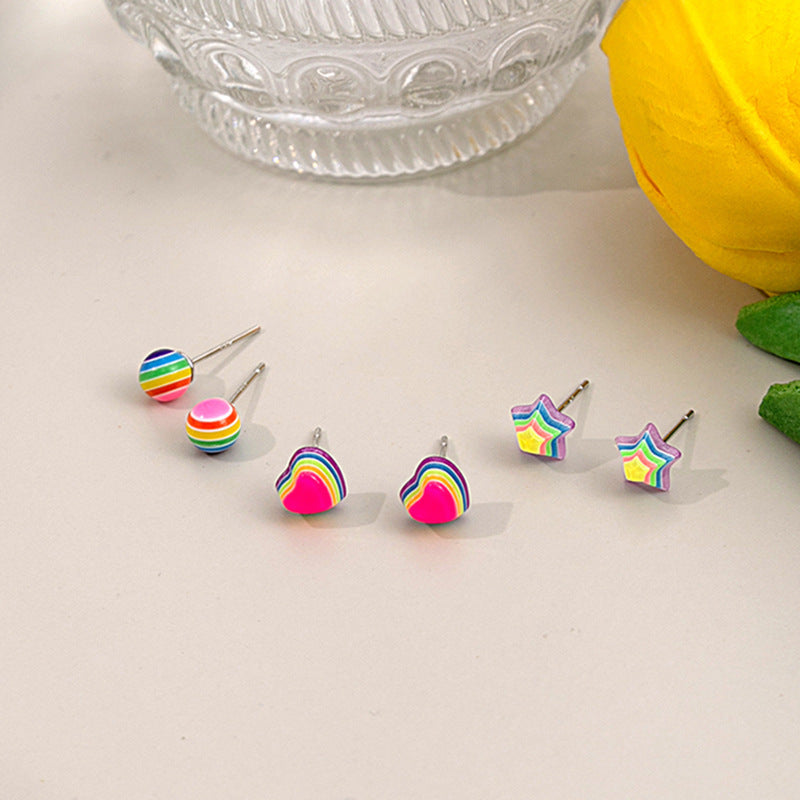 Silver Needle Rainbow Candy Earings Set