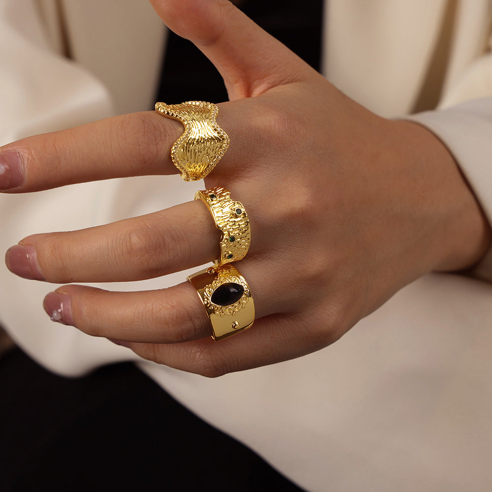 Bague convexe concave à texture géométrique irrégulière pour femme
