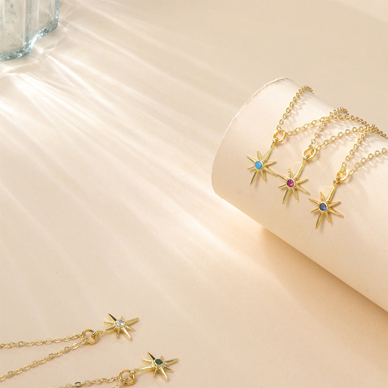 Women's Personalized Copper-plated Gold Inlaid Zircon Eight Awn Star Pendant Necklace