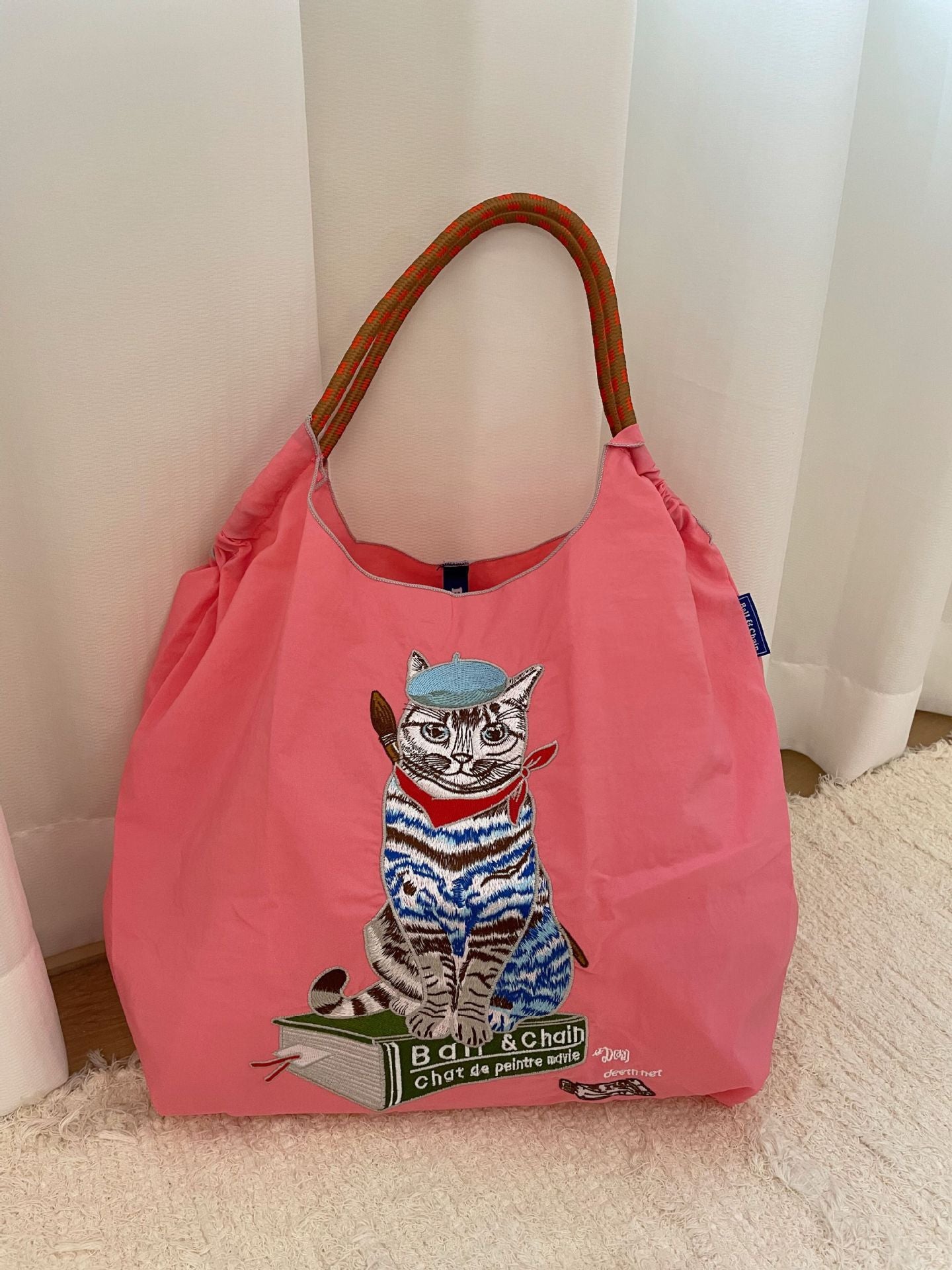 Bolsa de compras con bordado de gato de pintor japonés