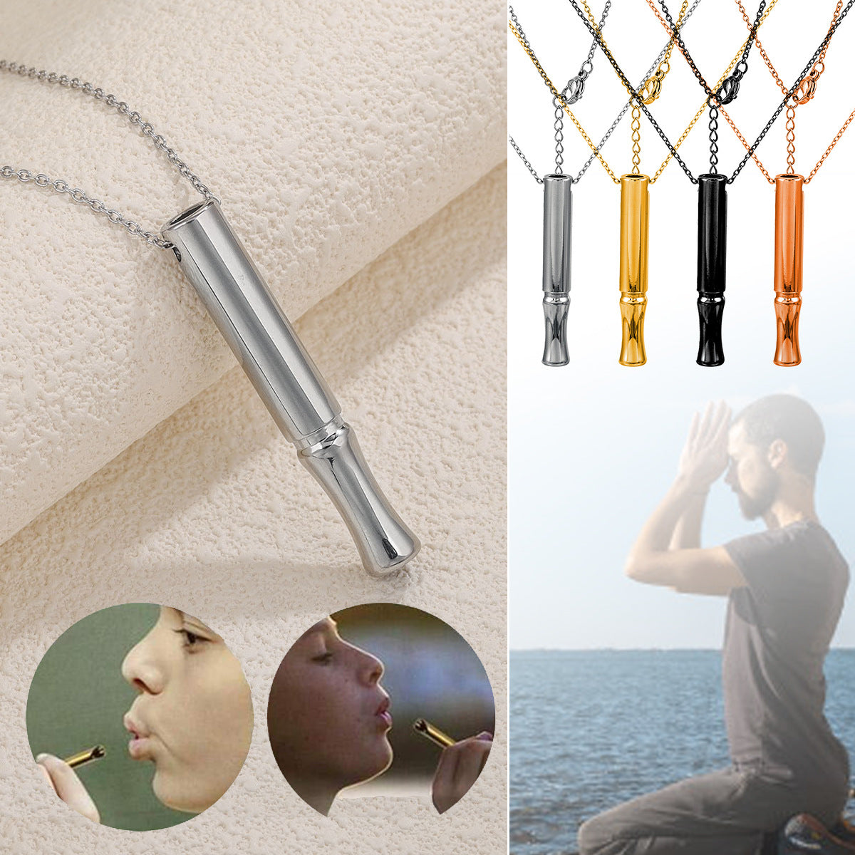 Collier de sifflet de méditation de yoga en acier inoxydable