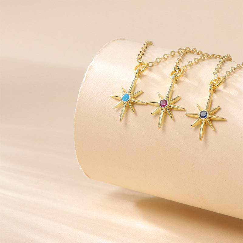 Women's Personalized Copper-plated Gold Inlaid Zircon Eight Awn Star Pendant Necklace