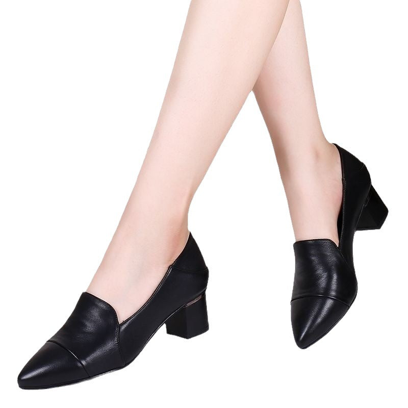 Chaussures en cuir à talon épais et bout pointu en cuir souple