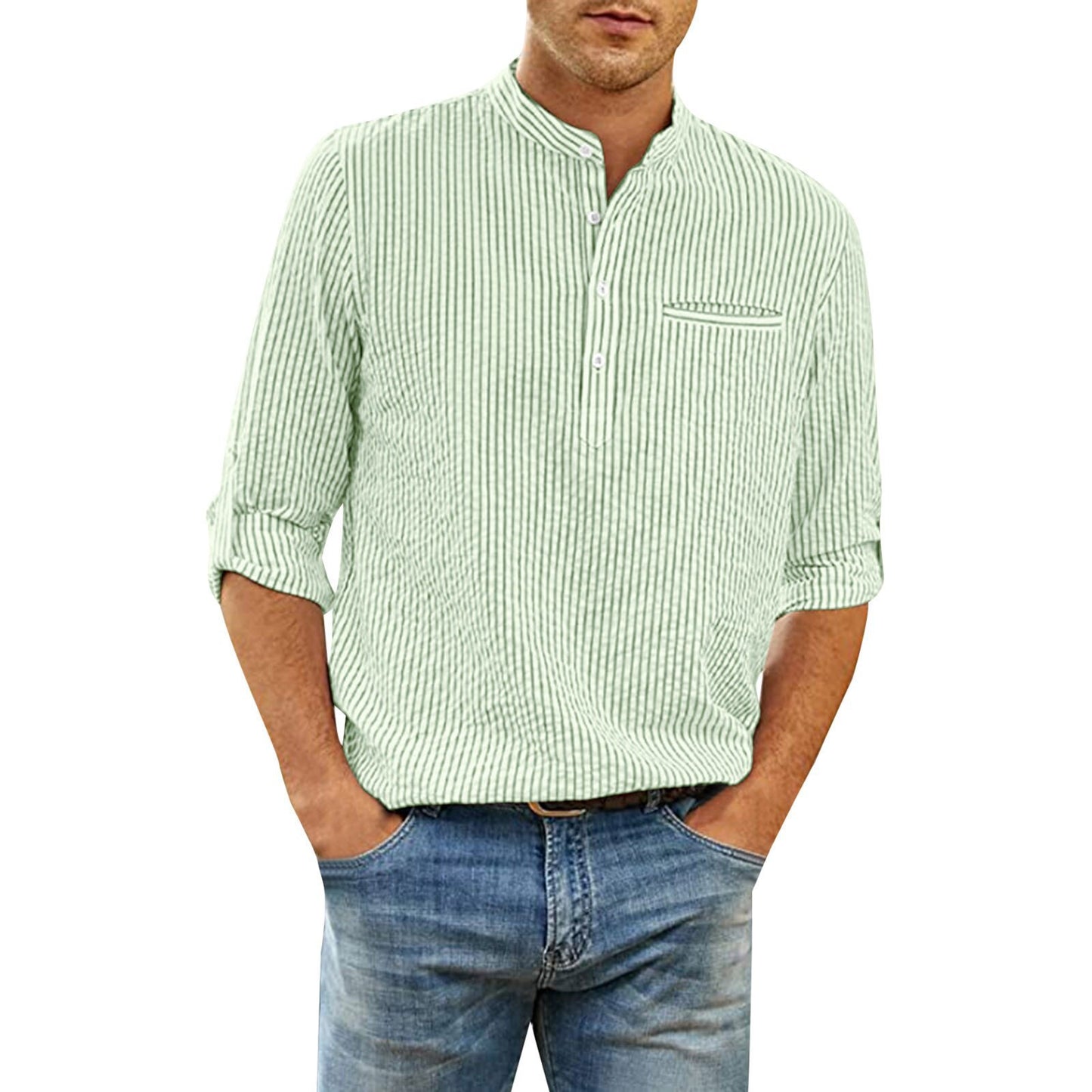 Cotton And Linen Men's Shirt Stand Collar