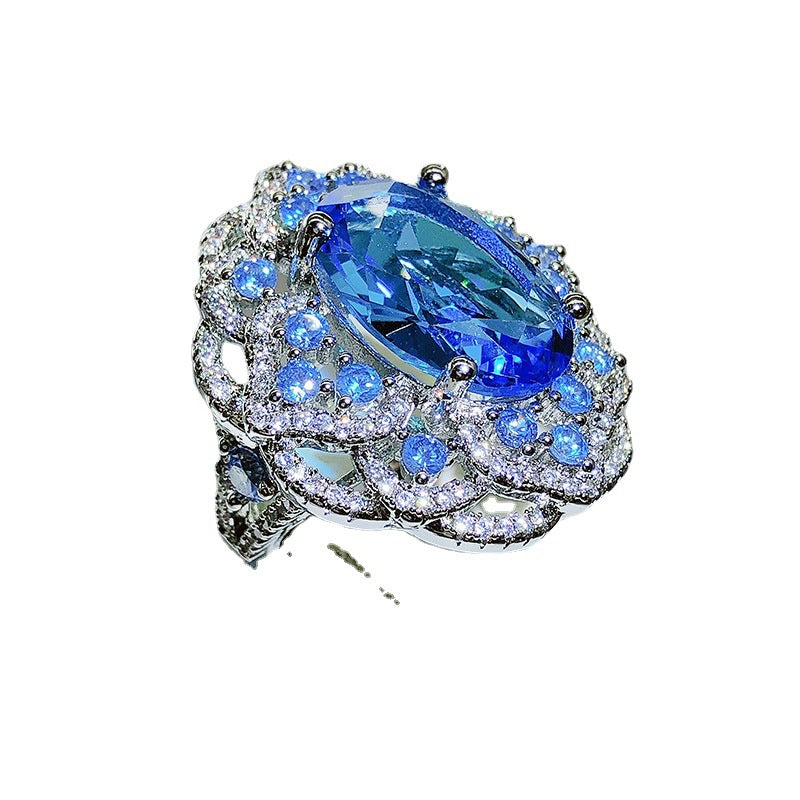 Artificial Ocean Blue Topaz Colored Gems Open Ring For Women