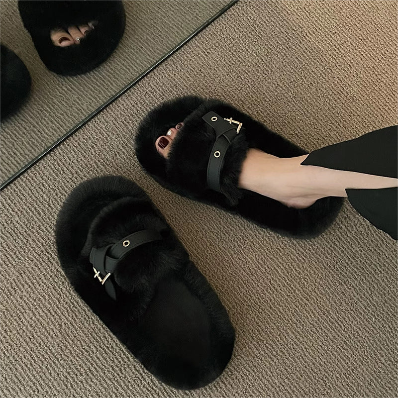 Pantuflas interiores de algodón de felpa con parte inferior gruesa de talla grande para el hogar