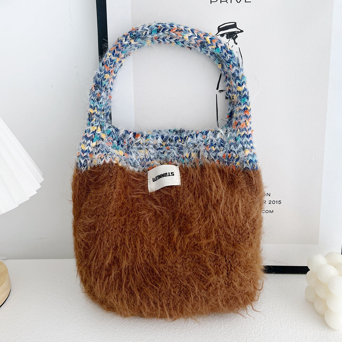 Maillard Color Fur Bag Exquisite Cute Portable Korean Style New Contrast Color Knitted All-matching