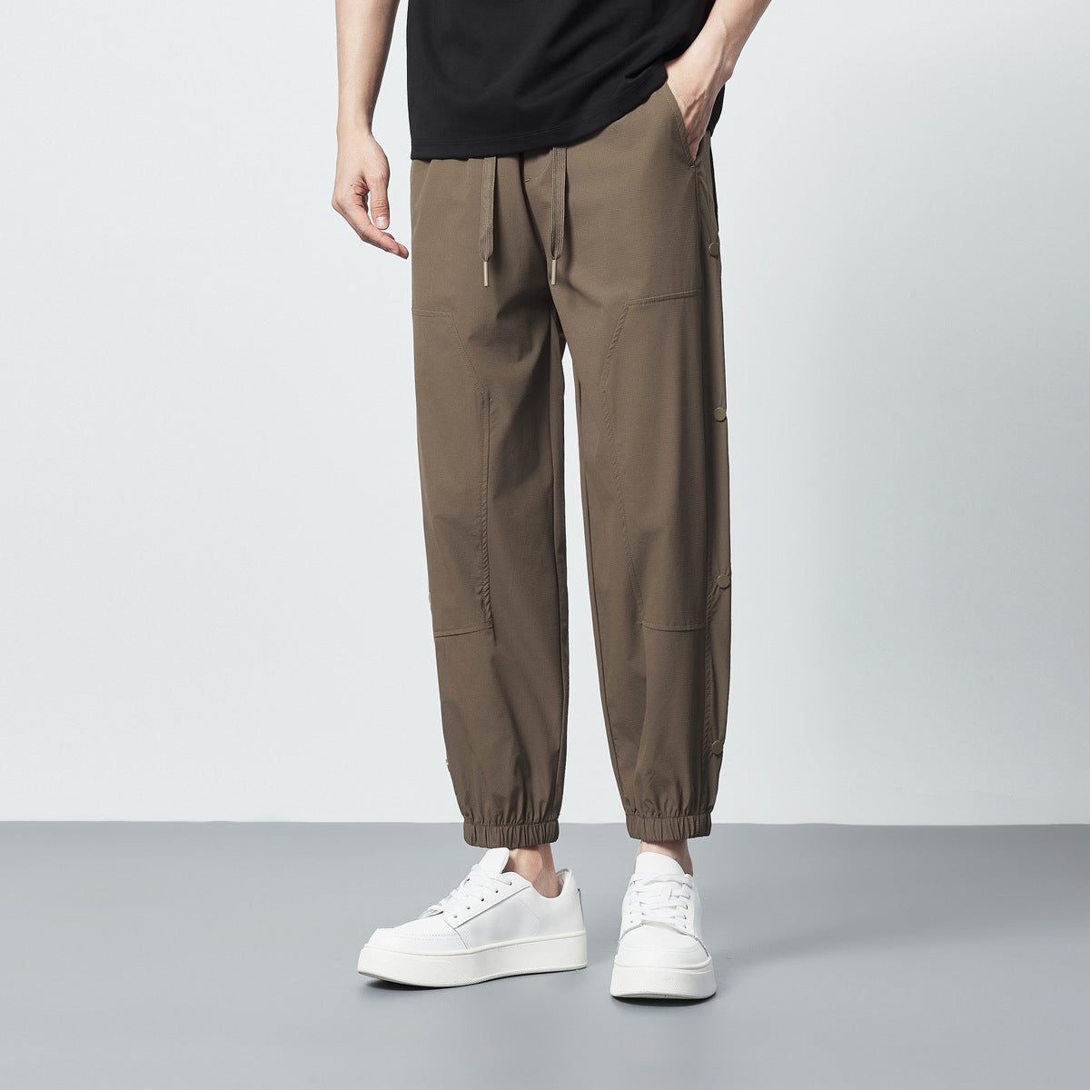Elastic Waist Ankle-tied Men's Casual Pants Dark Cell Texture