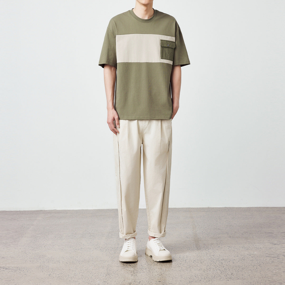 Combed Cotton Short-sleeved T-shirt Color Contrast Patchwork