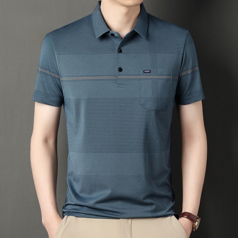 Men's Stripe Belt Lapel Short Sleeve Polo Shirt
