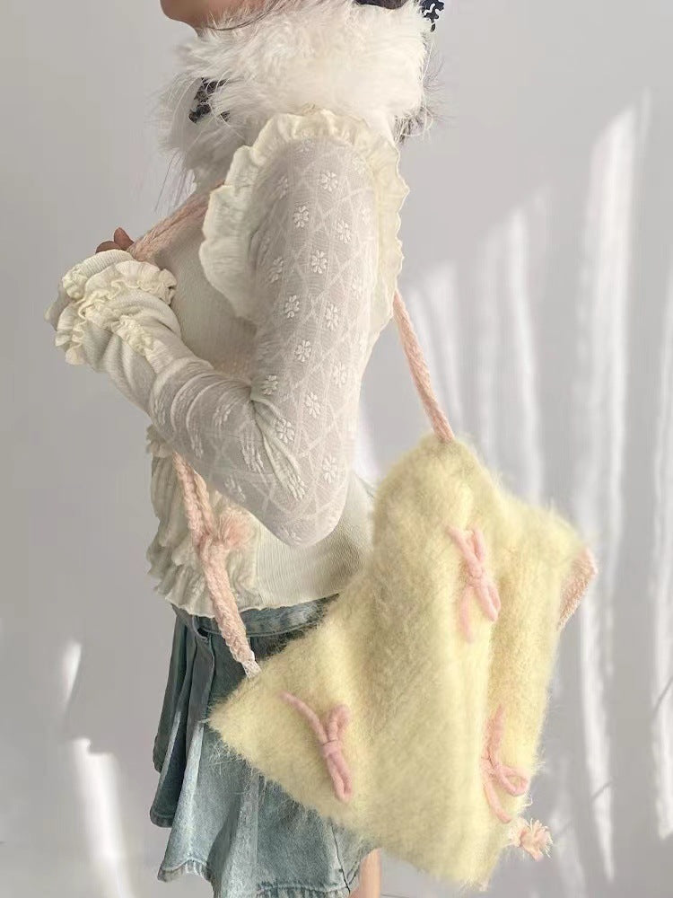 Sac à dos avec cordon de serrage, sac en tissu à fourrure avec nœud papillon, jaune tendre pour dames