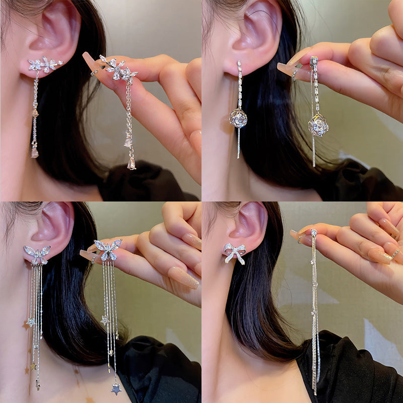 Boucles d'oreilles en zircon à longues franges et aiguille en argent