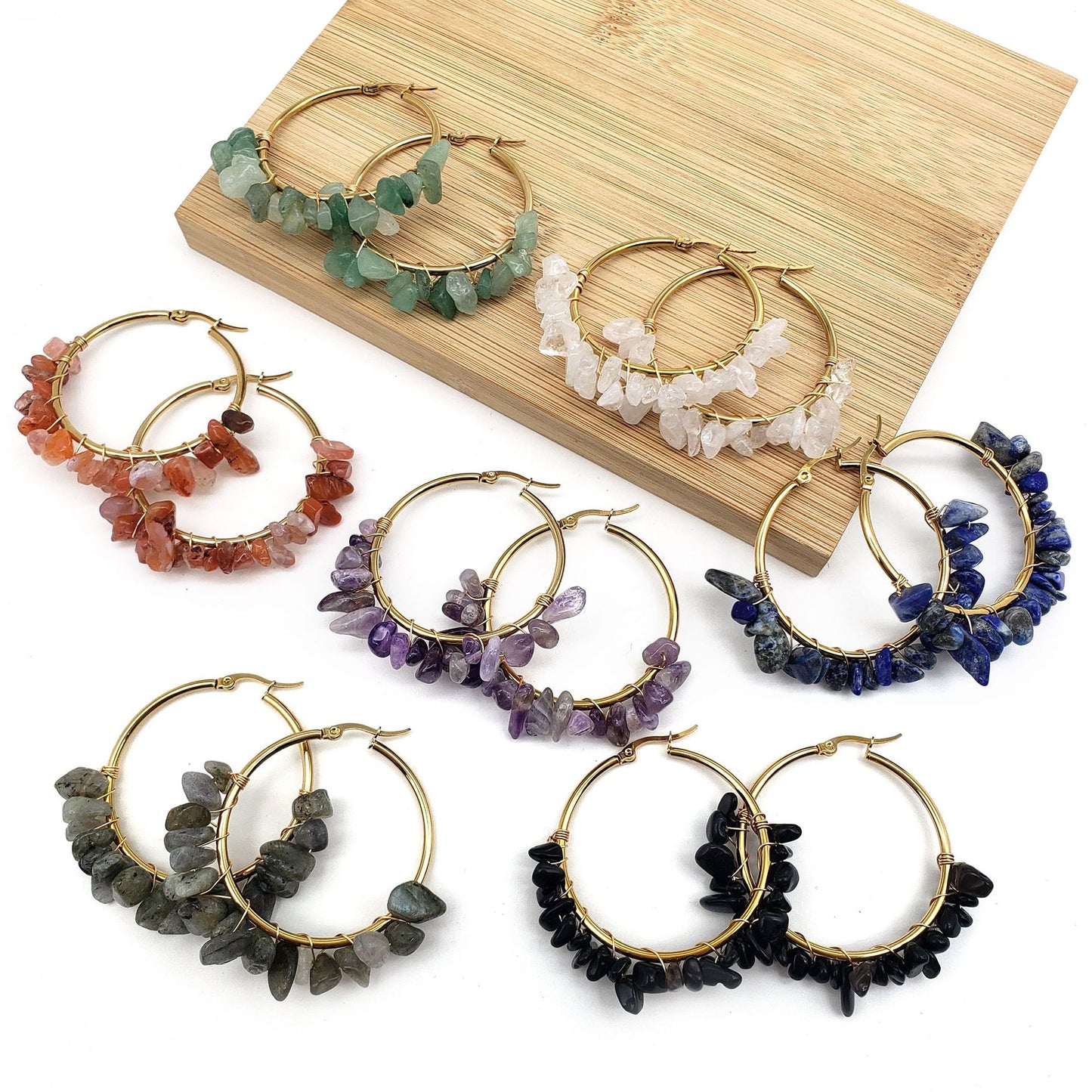 Pendientes de piedra de cristal Natural de círculo grande, pendientes de acero inoxidable para mujer con piedra Donglin verde envueltos a mano