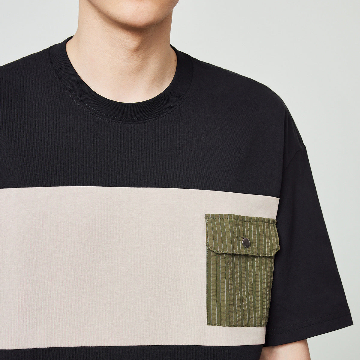 Combed Cotton Short-sleeved T-shirt Color Contrast Patchwork