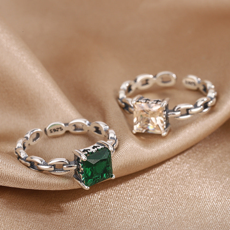 Anillo de gema con apertura torcida de estilo frío personalizado de plata de ley con cadena Vintage de moda Ins