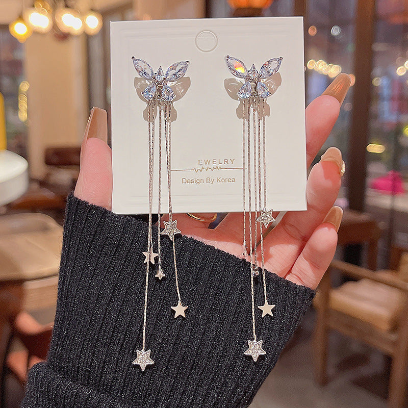 Boucles d'oreilles en zircon à longues franges et aiguille en argent