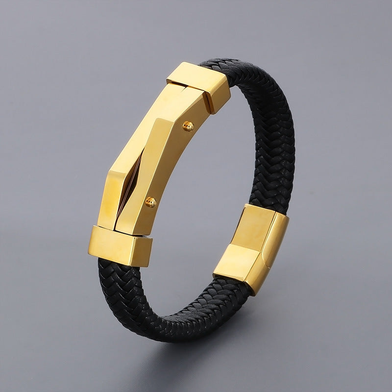 Bracelet en cuir géométrique en acier inoxydable pour hommes, personnalité de la mode
