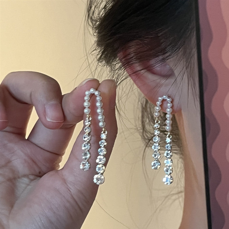 Pendientes de borla con diamantes de imitación y perlas de aguja, aretes ligeros de lujo con circonita, elegantes, con costura de celebridades de Internet