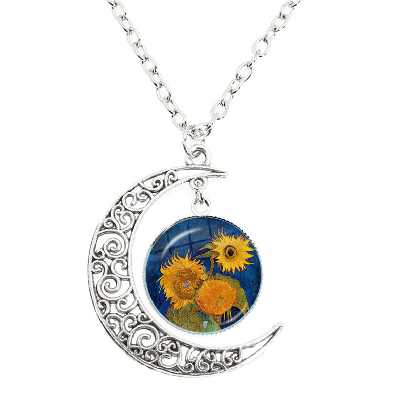 Van Gogh Starry Night Painting Moon Necklace Glass Round