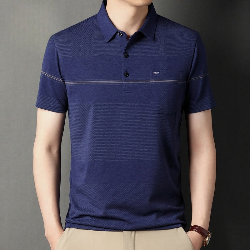 Men's Stripe Belt Lapel Short Sleeve Polo Shirt